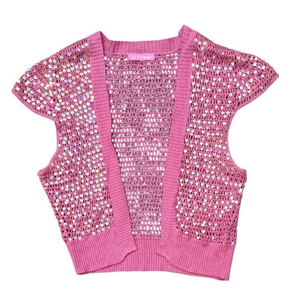 Vintage Y2K Sequin Crochet Shrug Pink Fairycore Mermaidcore Bolero - XXS / XS